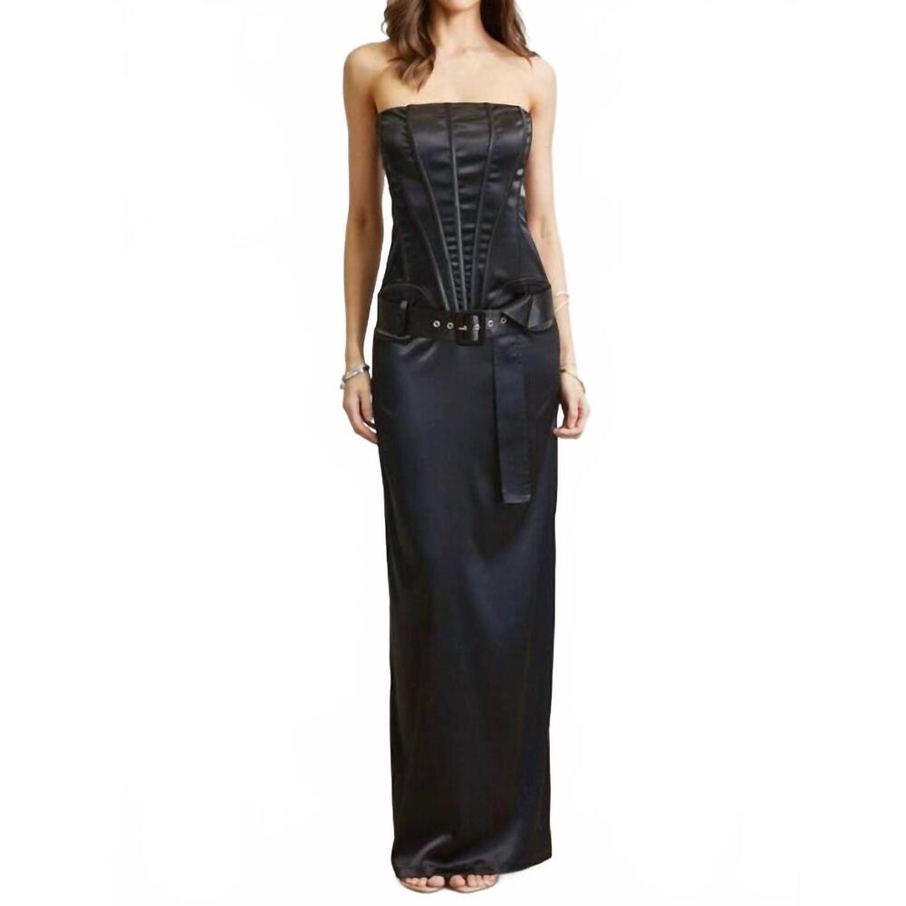 NEW BLITHE hannah satin corset belted maxi dress in black